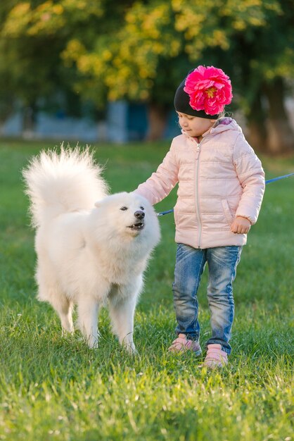 Kleines Mädchen geht im Herbst mit ihrem Hund Samojede im Park spazieren