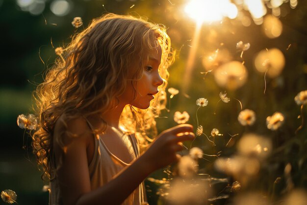 Kleines Mädchen genießt Blumen in der Natur bei Sonnenaufgang