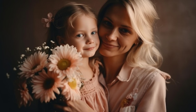 Kleines Mädchen hält Blumen in der Hand, umarmt ihre Mutter und feiert den Muttertag. Generative KI