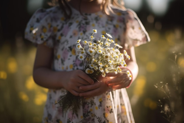 Kleines Mädchen hält einen Strauß Gänseblümchen auf dem Feld. Mittelteil eines süßen kleinen Mädchens ohne Gesicht, das Blumen hält. KI-generiert