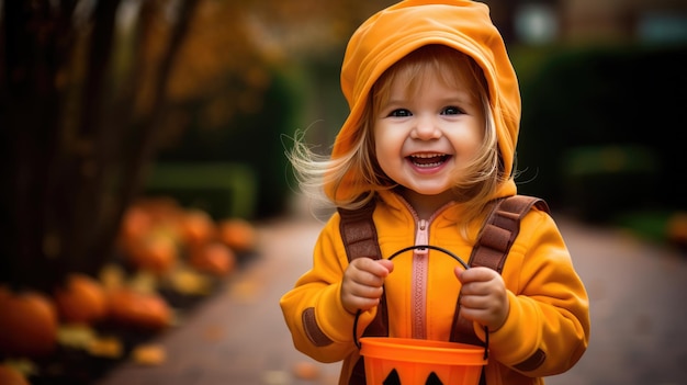 Kleines Mädchen im Hexenkostüm, das Spaß an Halloween Süßes oder Saures hat