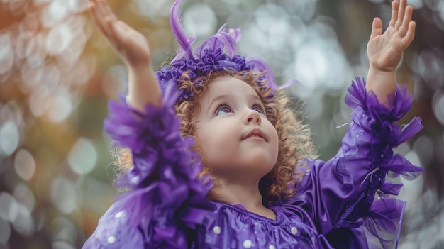 Kleines Mädchen im lila Kleid mit erhobenen Händen