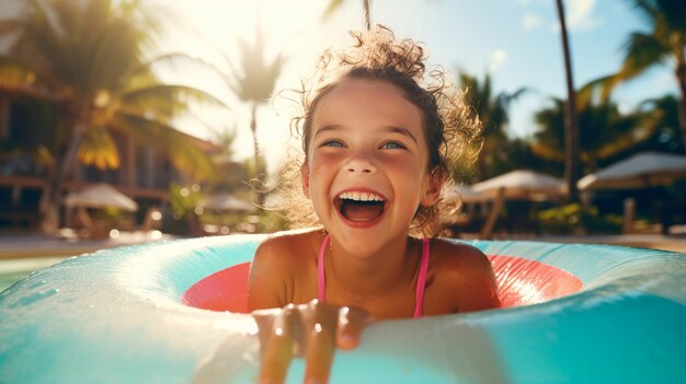 kleines Mädchen im Pool mit aufblasbarem Ring