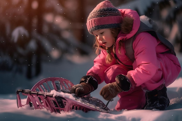 Kleines Mädchen im rosa Schneeanzug im Freien