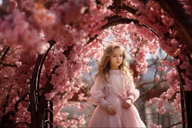 Kleines Mädchen im Wunderland der Frühlingsblüten