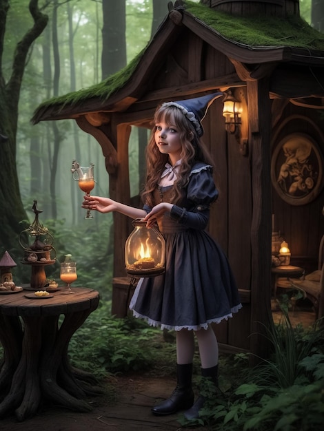 Kleines Mädchen in der Nacht Ein fabelhaftes Haus Das Mädchen hält eine alte Laterne und einen Spielzeugbären Kinderladen