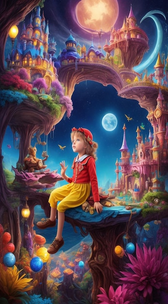 Kleines Mädchen in der Wunderland-Wunderland-Szene wundert sich über abstrakte Hintergrundfarben