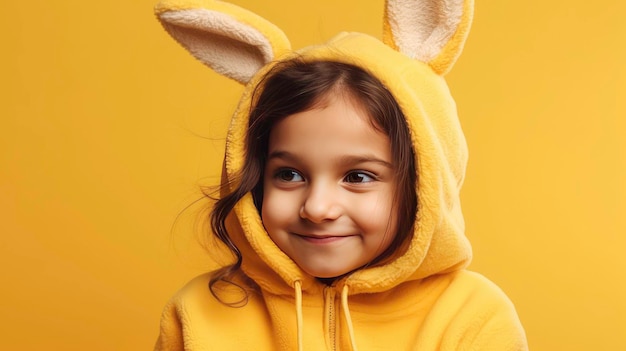 Kleines Mädchen in einem gelben Hasen-Overall. Ein KI-generiertes Bild