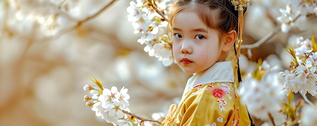 Kleines Mädchen in Kimono-Kleid sieht aus wie eine Sakura-Blumen- oder Kirschblüte im Garten blüht