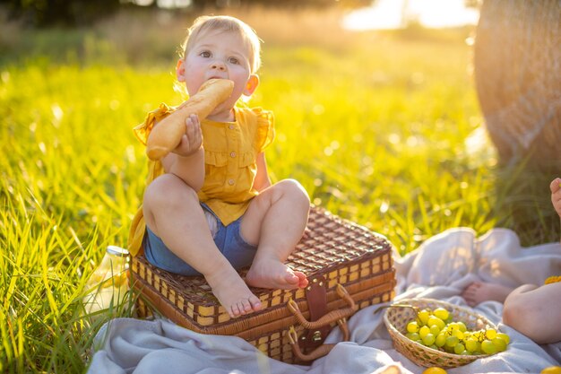 Kleines Mädchen isst frisches Baguette und Obst bei einem Picknick bei Sonnenuntergang in der Natur