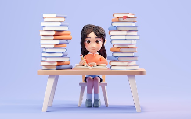 Kleines Mädchen lernt hart am Schreibtisch 3D-Rendering