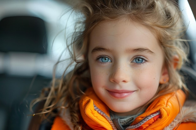 Kleines Mädchen mit blauen Augen sitzt im Auto