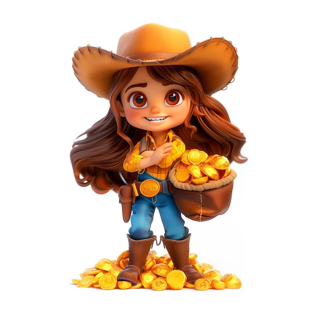 Kleines Mädchen mit Cowboy-Hut hält einen Korb mit Goldmünzen Generative KI