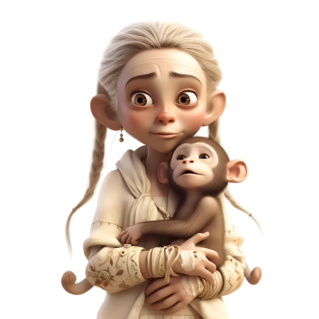 Kleines Mädchen mit einem Affen auf weißem Hintergrund, 3D-Darstellung