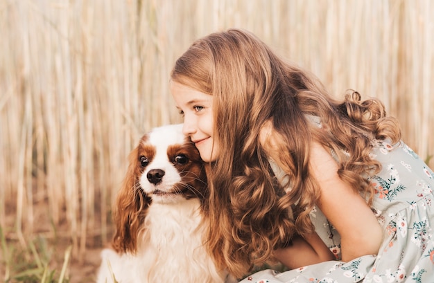 Kleines Mädchen mit einem Cavalier King Charles Spaniel Hund, der im Sommer in der Natur spielt