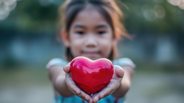 Foto kleines mädchen mit einem roten herz in den händen valentinstag liebe hilfe soziale verantwortung spende wohltätigkeit freiwilligkeit dankbarkeit schätzen weltherztag konzept