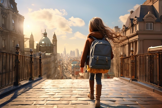 Kleines Mädchen mit einem Rucksack, der zur Schule geht