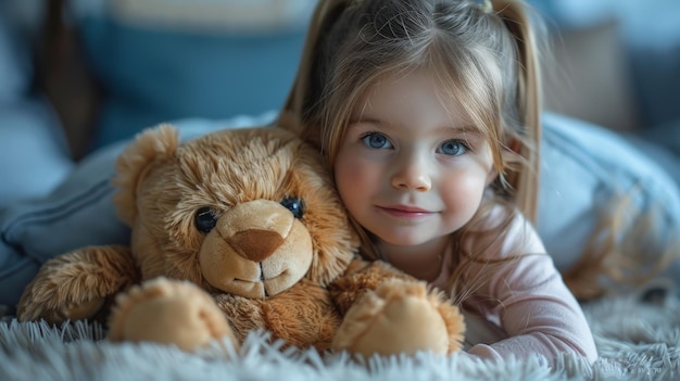 Kleines Mädchen mit einem Teddybären im Bett