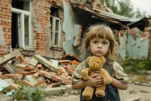 Kleines Mädchen mit einem Teddybären in den Händen vor dem Hintergrund zerstörter Häuser Kinder des Krieges beenden den Krieg