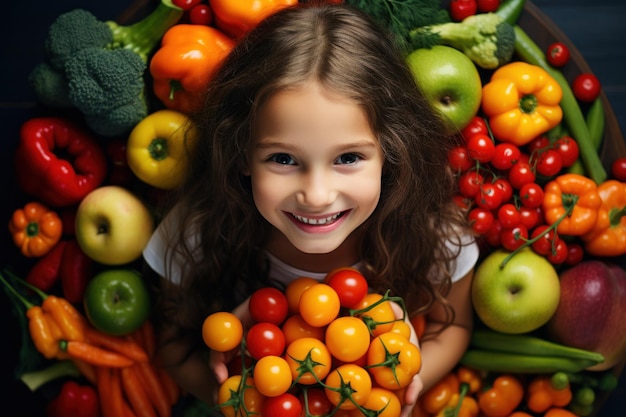 Kleines Mädchen mit einer Vielfalt an Obst und Gemüse Farbiger Regenbogen aus rohem frischem Obst und Gemüt