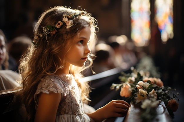 kleines Mädchen mit Erstkommunionkleid in der Kirche