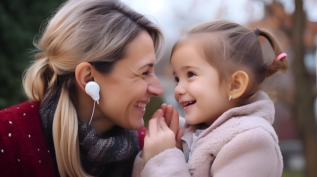 Kleines Mädchen mit Hörimplantat mit ihrer hörgeschädigten Mutter zu Hause Gehörlosengemeinschaftskonzept