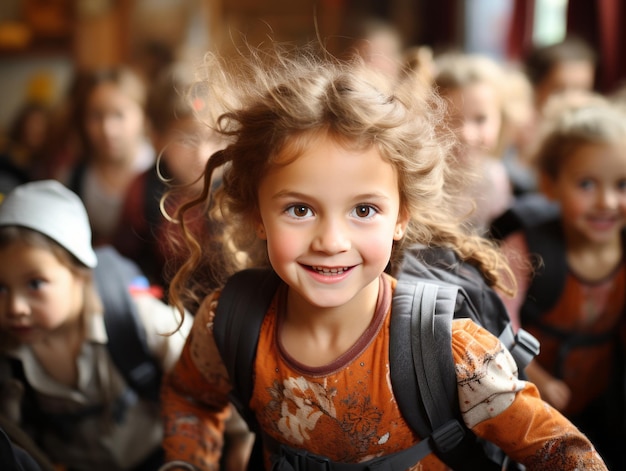 Kleines Mädchen mit lockigem Haar auf dem Hintergrund von Schulkindern, die zur Schule gehen. Generative KI
