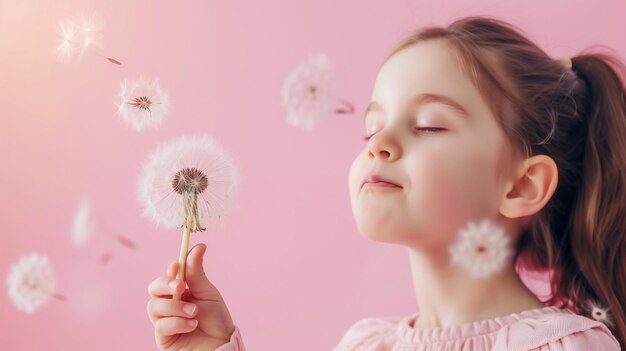 Kleines Mädchen mit Löwenzahnblüte fühlt sich frei Natur Wiese Sonnenlicht