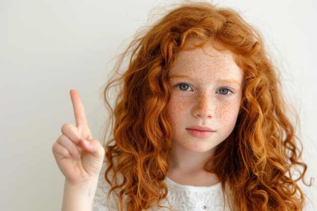 Kleines Mädchen mit roten, lockigen Haaren mit Freckles, das mit dem Finger auf einen leeren Copy-Raum auf weißem Hintergrund zeigt