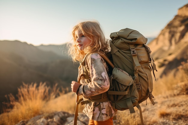 Kleines Mädchen mit Rucksack wandert bei Sonnenuntergang auf dem Berggipfel. Reise- und Abenteuerkonzept