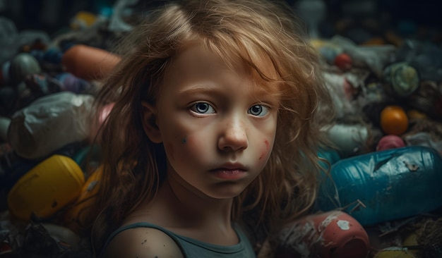 Kleines Mädchen mit schmutzigem Gesicht und unordentlichen Haaren liegt auf der Mülldeponie. Konzept der Plastikverschmutzung