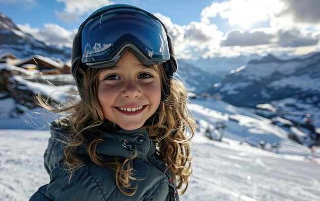 kleines Mädchen mit Ski-Gläsern und Ski-Helm auf dem Schneeberg