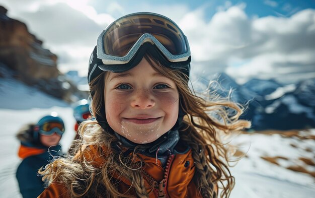 kleines Mädchen mit Ski-Gläsern und Ski-Helm auf dem Schneeberg