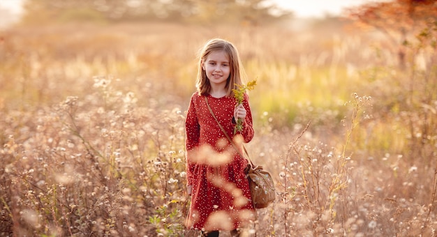 Kleines Mädchen mit Tasche und Blumen im warmen Herbstpark spazieren