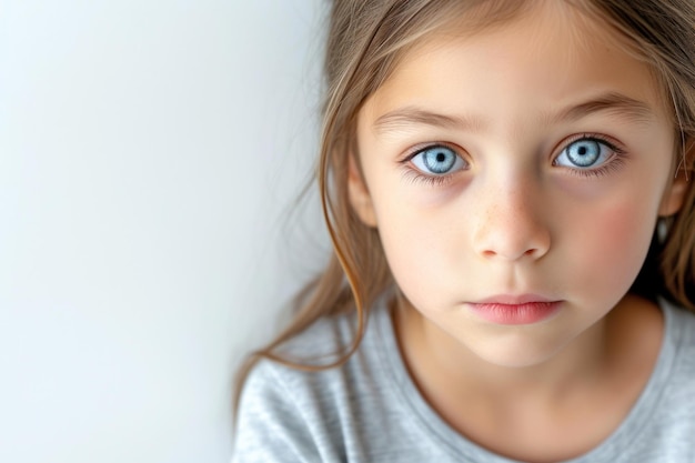 Kleines Mädchen mit tränenreichen Augen und schmerzhaftem Gesichtsausdruck auf weißem Hintergrund Emotionskonzept