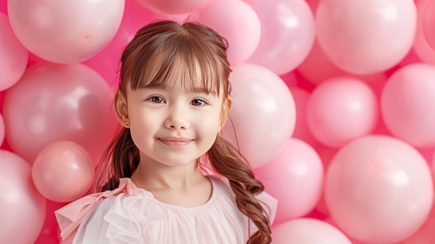 Kleines Mädchen mit vielen rosa Ballons auf pastellrosa Hintergrund