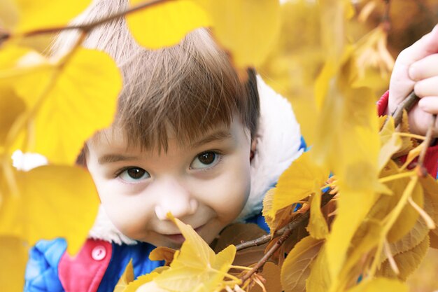 Kleines Mädchen posiert vor der Kamera zu Fuß im Herbstpark