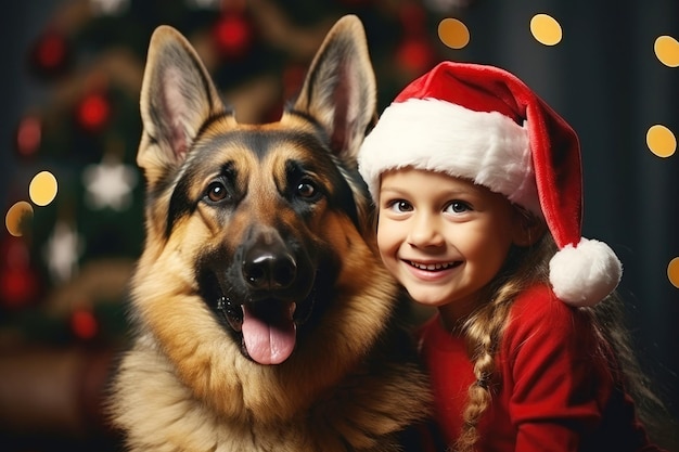 Kleines Mädchen, Schäferhund und Weihnachtsdekoration