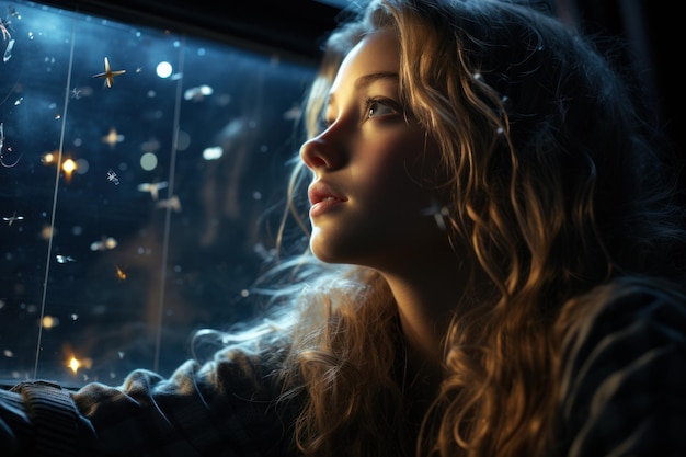 Kleines Mädchen schaut aus dem Fenster in den Sternenhimmel