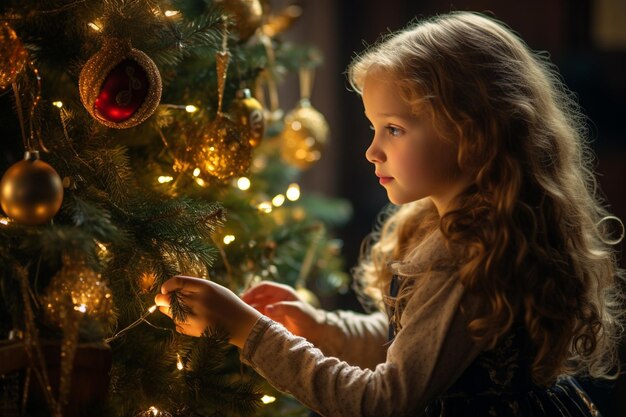 Kleines Mädchen schmückt den Weihnachtsbaum