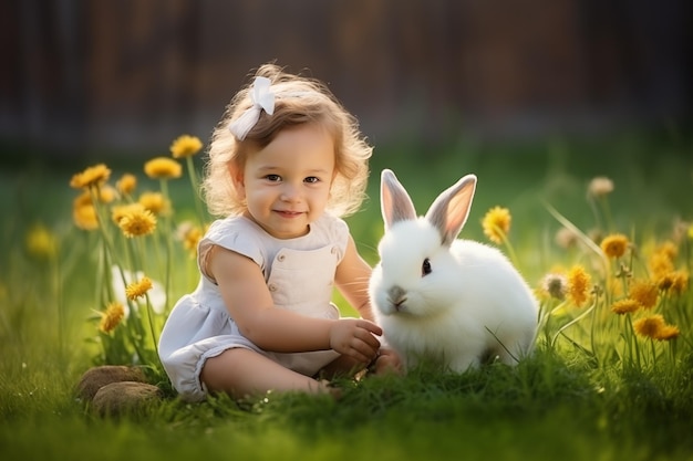 Kleines Mädchen sitzt auf dem Gras mit weißen Kaninchen Ostern Stimmung