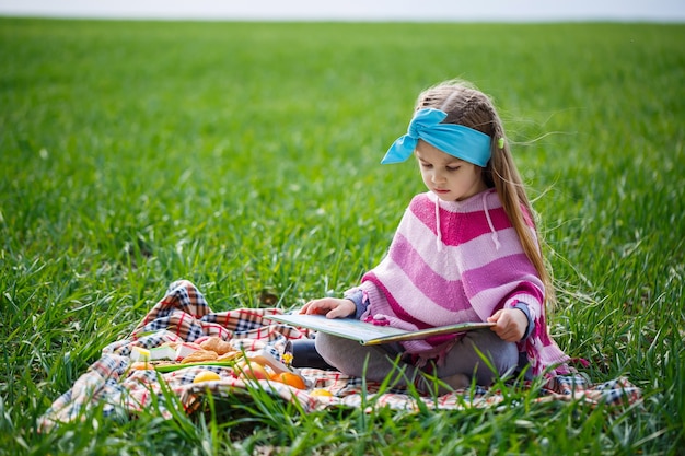 Kleines Mädchen sitzt auf einer Tagesdecke und liest ein Buch mit einem Märchen, grünes Gras auf dem Feld, sonniges Frühlingswetter, Lächeln und Freude des Kindes, blauer Himmel mit Wolken