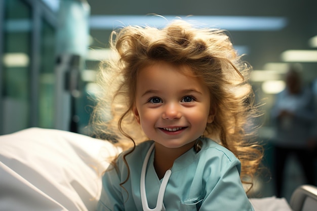 Kleines Mädchen sitzt in einem Krankenhausbett und lächelt