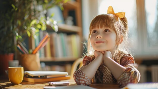 Kleines Mädchen sitzt mit einem Buch am Tisch Zurück zur Schule