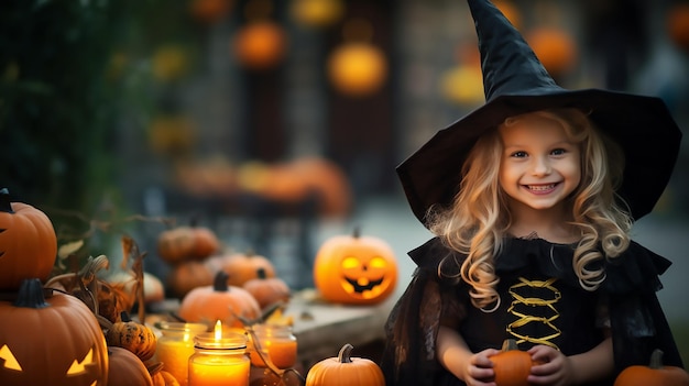 Kleines Mädchen so glücklich und voller Lächeln mit Kostüm, das Spaß im Freien an Halloween-Süßes oder Saures hat