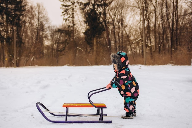 Kleines Mädchen spielt an einem verschneiten Wintertag im Park und rodelt den Hügel hinunter. Hochwertiges Foto