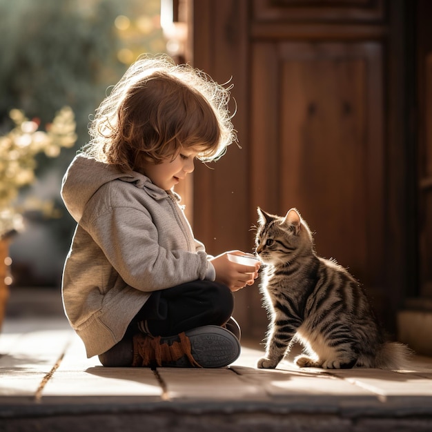Kleines Mädchen spielt mit einer Katze im Haus