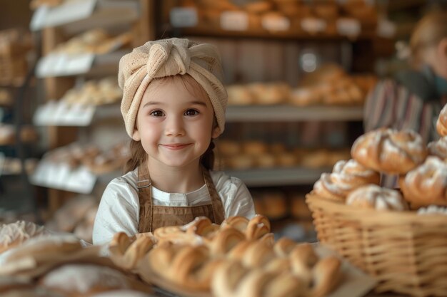 Kleines Mädchen steht vor Brot