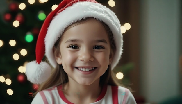 Kleines Mädchen trägt einen Weihnachtsmannshut und lächelt in die Kamera mit einem Lächeln auf ihrem Gesicht.