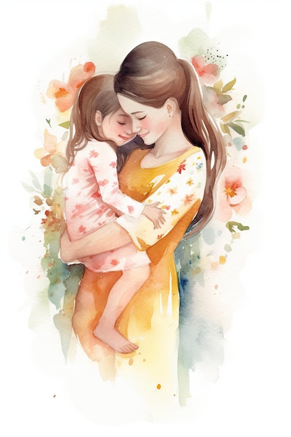 Kleines Mädchen umarmt ihre Mutter am Muttertag. Aquarell-Illustration, erstellt von Ai